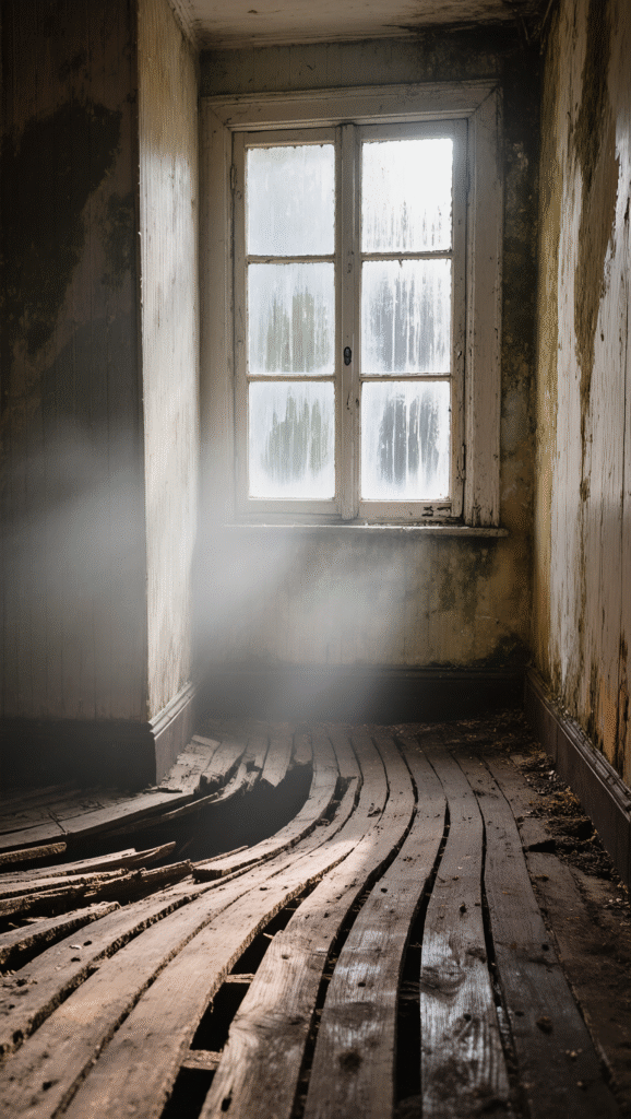 Room full of mold with warped wood and condensation on windows.